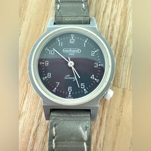 Retro Cacharel Paris ladies silver tone gray leather watch NEW BATTERY